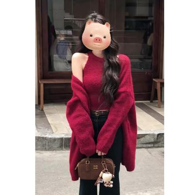 中长款慵懒风新年红色毛衣开衫女