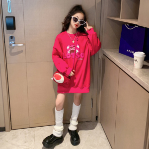 玫红色小熊卫衣女童秋季2022新款宽松美式复古oversize中长款外套