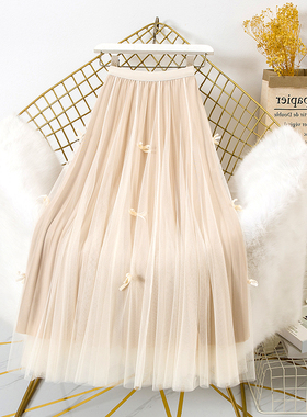两面穿网纱半身裙女秋冬小蝴蝶结百褶裙子中长款仙女裙高腰纱网裙