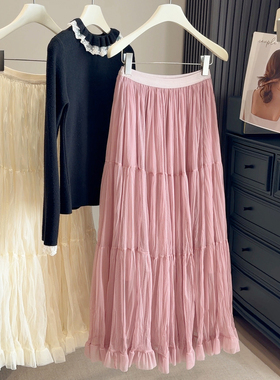 仙女网纱半身裙2026春秋温柔风气质甜美荷叶边蓬蓬裙法式中长裙子