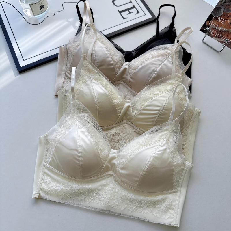 性感缎面蕾丝美背内衣女春夏背后镂空露背抹胸V领固定杯聚拢内衣