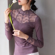 Sexy stand-up collar lace long-sleeved bottoming shirt women's autumn and winter constant temperature thermal tops with lace shirts and brushed shirts