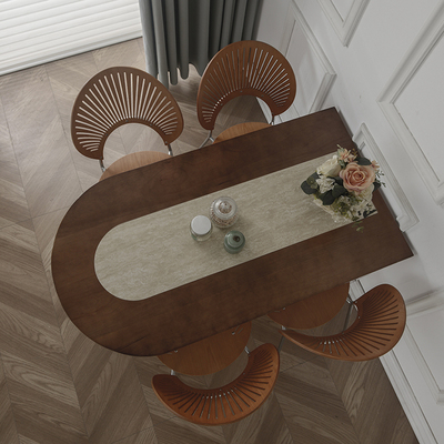 实木岩板餐桌简约家用靠墙原木奶油风半椭圆形岛台饭桌书桌小户型