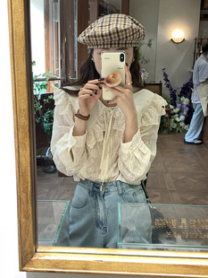 温柔甜美设计感长袖 时髦绣花娃娃领衬衫 韩版 新品 上衣女 2022秋季