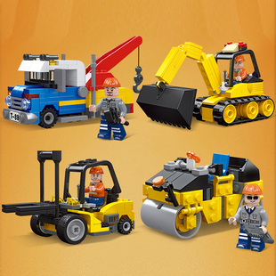 启蒙拼装积木男孩子女孩城市压路机清扫车拖拉机卸货车儿童玩具