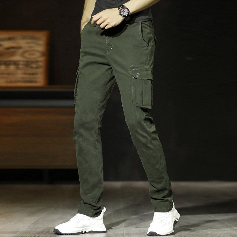 秋季男多口袋工装裤青年纯棉厚款大码直筒宽松高腰户外休闲长裤子