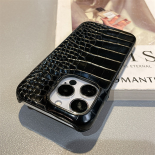 高档黑色鳄鱼纹适用苹果15手机壳iPhone14promax半包13/12皮质11防摔苹果16promax硬壳苹果17promax