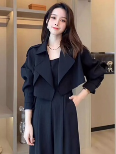 收腰显瘦连体裤两件套女2023春秋黑色西装外套时尚气质职业套装潮