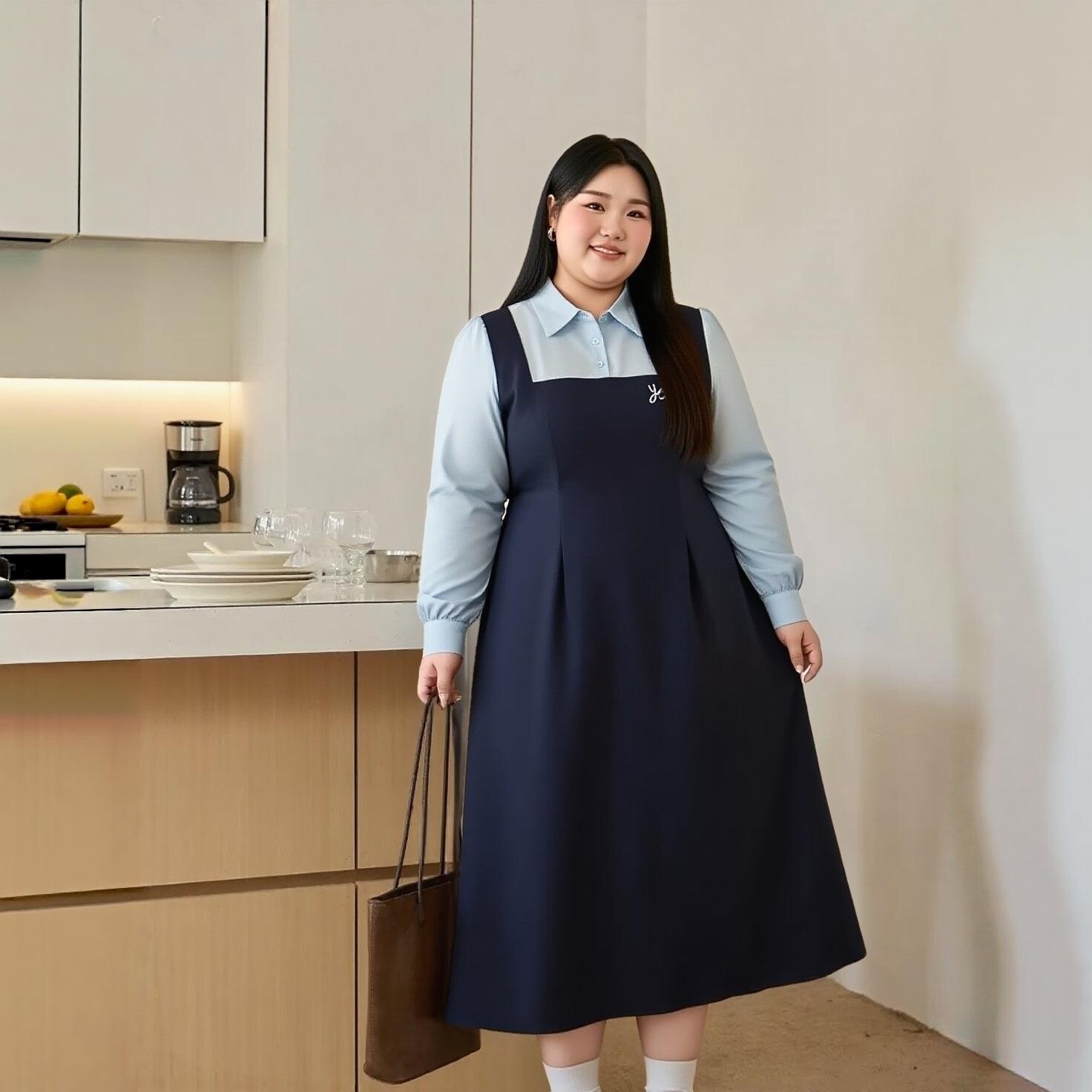 阿乐福 大码女装胖mm学院风假大码连衣裙