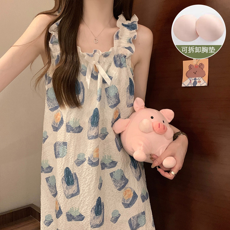 睡裙女士吊带梭织棉薄款带胸垫图片