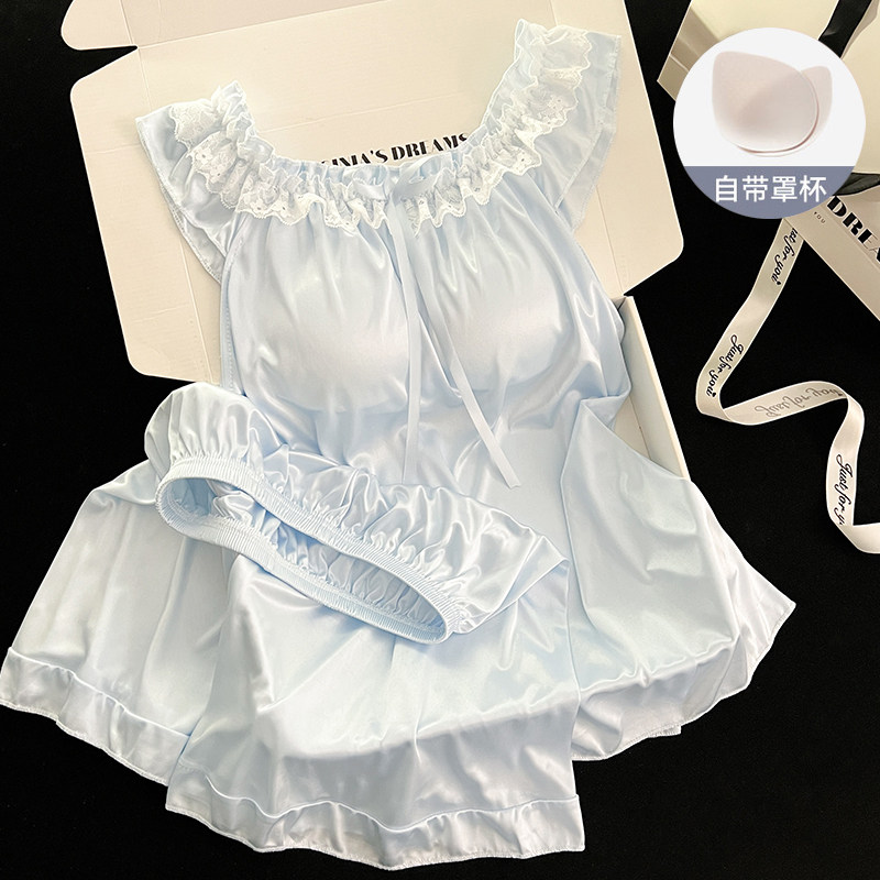 2026夏季新款带胸垫冰丝睡衣女蓝色花边蝴蝶结背心短裤家居服套装