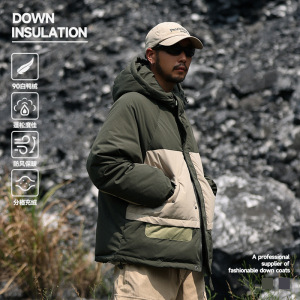 DKSTORE90绒山日系复古工装拼色连帽羽绒服短款大口袋青少年夹克