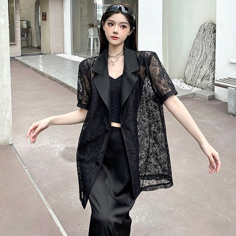 透视蕾丝西装外套女夏薄款外搭叠穿时尚防晒空调宽松短袖上衣西服