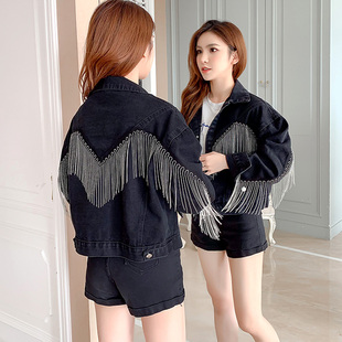 带流苏牛仔外套女潮短款个性洋气春秋设计感链条宽松韩版上衣夹克