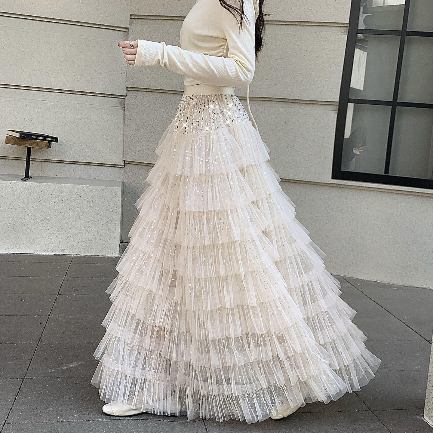 亮片蛋糕裙半身裙垂坠感公主风仙气 多层次荷叶边网纱蓬蓬a字长裙