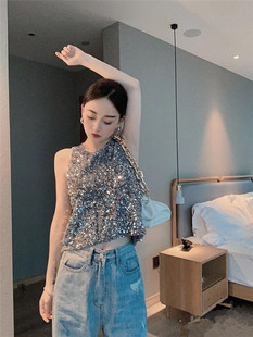 重工亮片背心女外穿夏蹦迪表演出服跳舞台短款不灵不灵闪闪的上衣