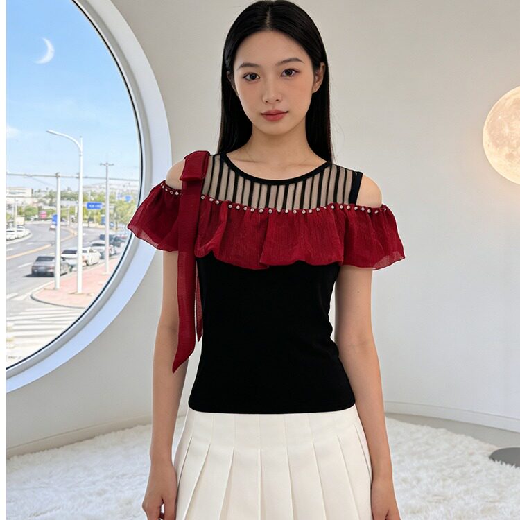 时尚假两件镶钻拼接条纹t恤女夏设计感 漏露肩立体荷叶边飘带上衣