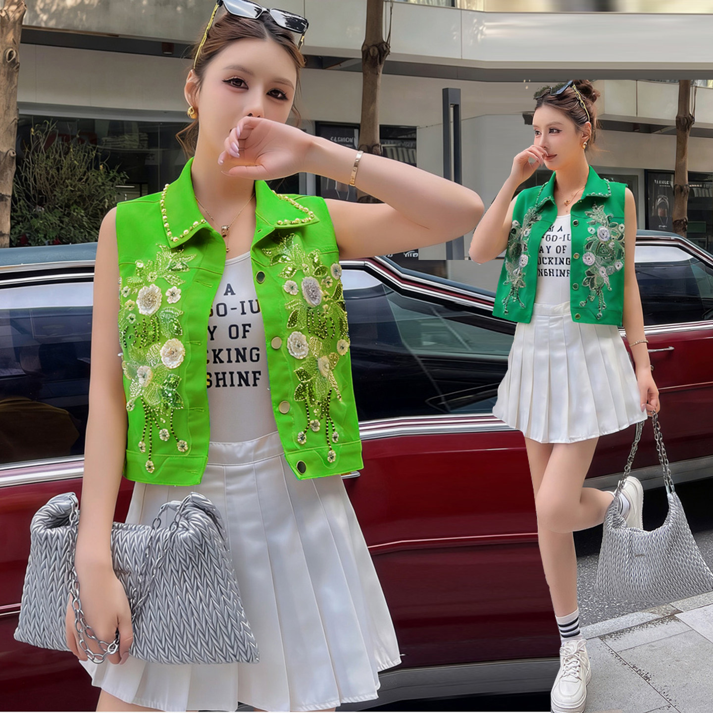 牛仔马甲女外穿时尚洋气减龄钉珠立体花朵多巴胺糖果色上衣高级感
