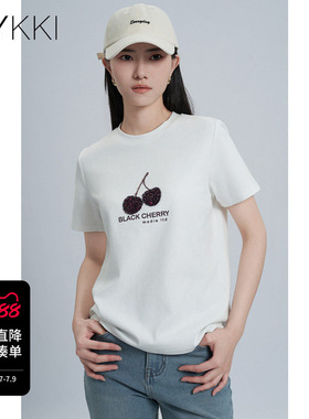 IVYKKI艾维春季新款时尚圆领樱桃绣花T恤正肩显瘦百搭休闲女
