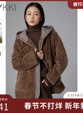 IVYKKI艾维2025冬季新款时尚拼接连帽毛呢外套短款上衣宽松显瘦女