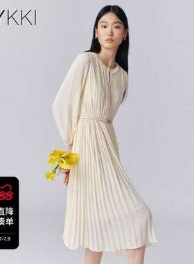 IVYKKI艾维百褶韩版通勤连衣裙女士2026年新款春夏收腰杏色中长裙