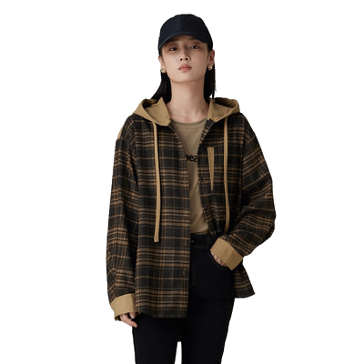 ivykki宽松复古长袖格纹衬衫外套