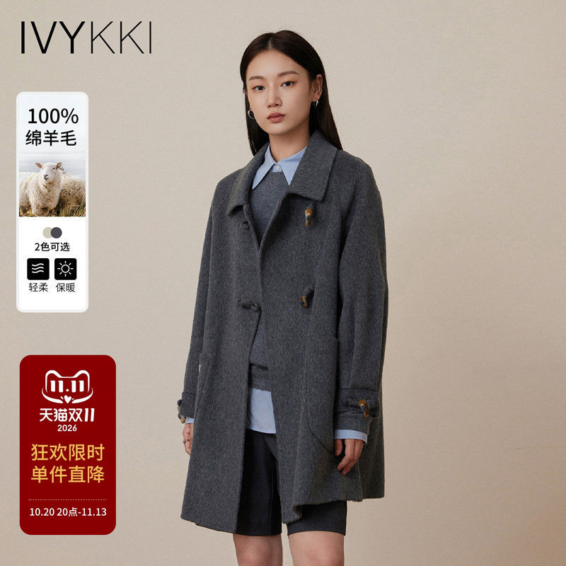 IVYKKI艾维微绒感中长款绵羊毛毛呢大衣羊角秋冬双面呢通勤外套