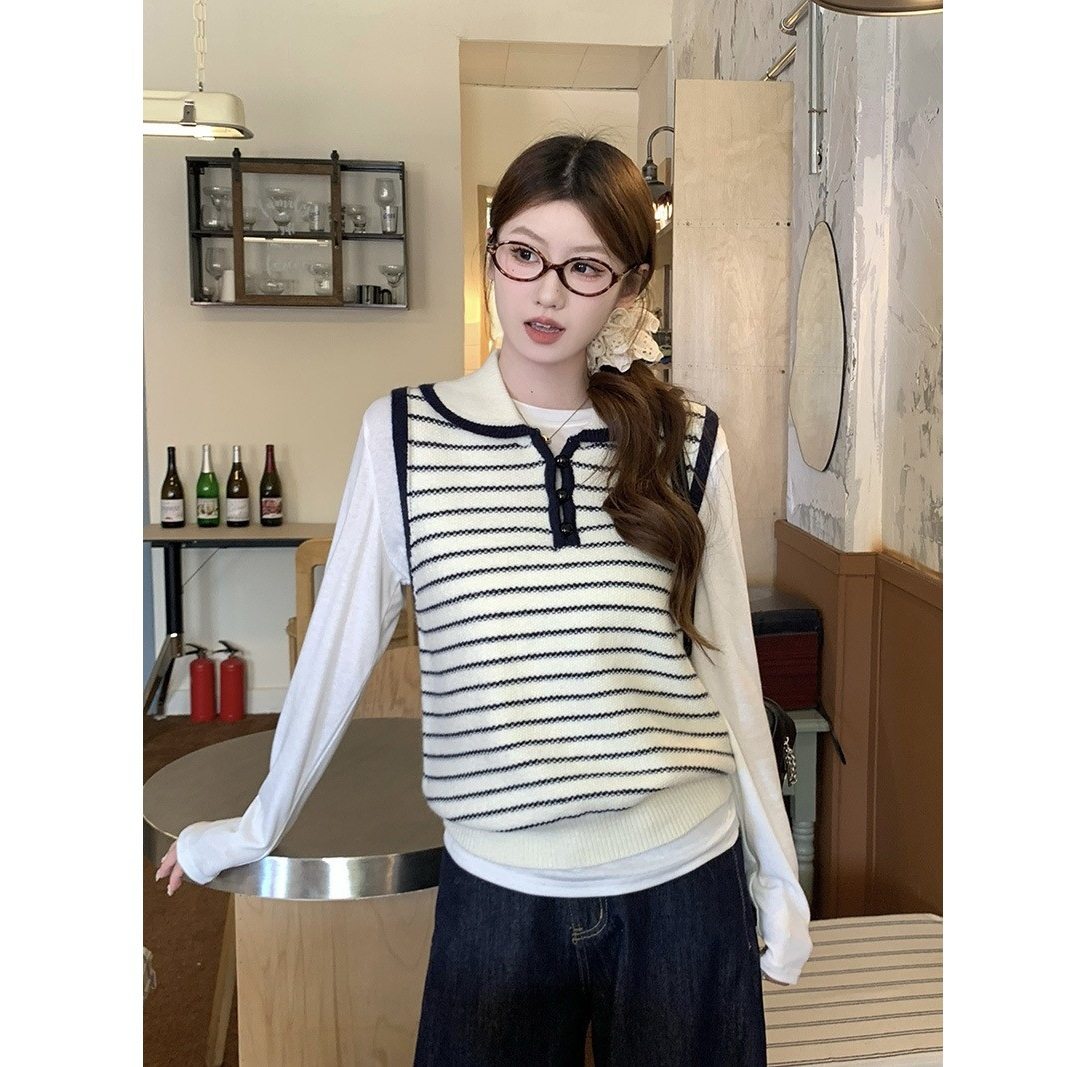 韩系蓝色条纹翻领针织马甲背心女秋冬外搭小个子叠穿无袖坎肩上衣