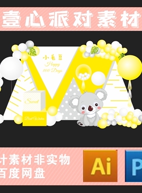 柠檬黄色清新宝宝宴考拉主题派对素材百日周岁生日甜品台迎宾背景