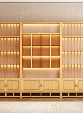 茶叶展示架新中式实木博古架茶叶柜原木色茶饼多宝格置物架展示柜