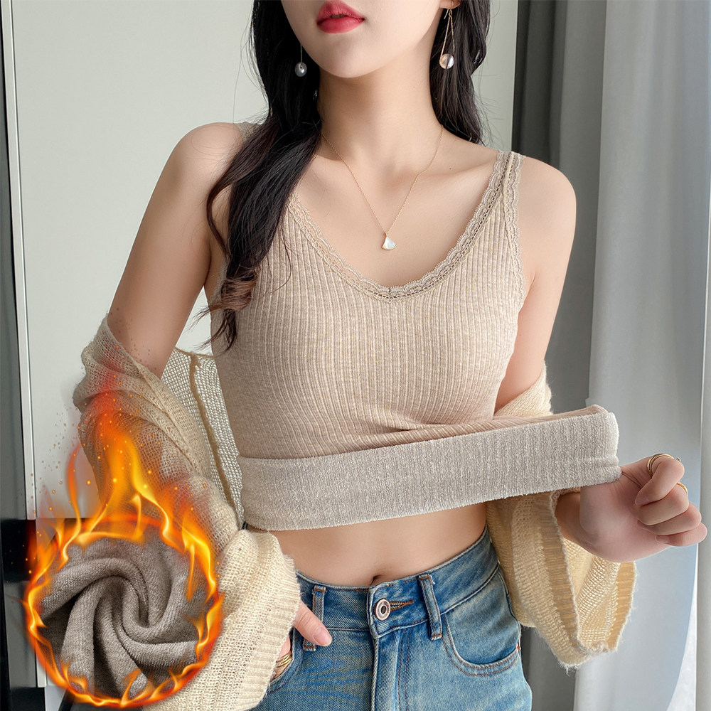 一体毛圈绒吊带背心女加厚保暖V领蕾丝打底衫修身弹力上衣秋冬季