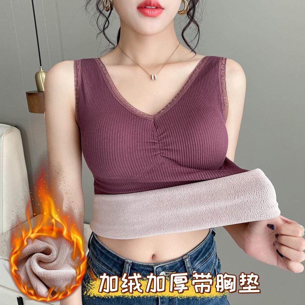 保暖背心女加绒加厚秋冬款蕾丝v领带胸垫无袖弹力内搭上衣打底衫