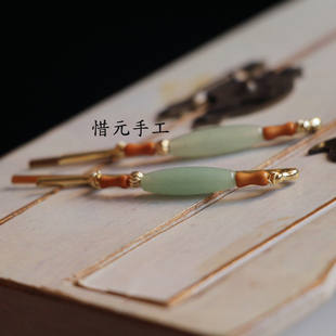 惜元原创天然东陵玉橄榄核发夹子边夹子民国风一字夹发卡旗袍配饰