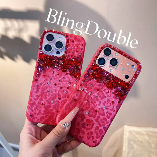 皮质豹纹荔枝纹红色水钻手机壳适用苹果17promax/16pro/14/17pro