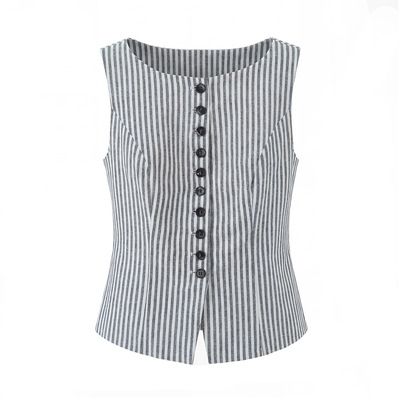 7742-26早春新款 法式复古条纹老钱风收腰显瘦无袖马甲上衣小背心