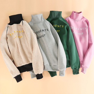 秋装 宽松加绒加厚冬季 韩版 厚款 上衣 学生长袖 羊羔绒卫衣女2018新款