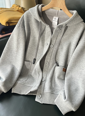 灰色连帽外套女冬季加绒加厚卫衣摇粒绒春秋款女装单排扣运动开衫