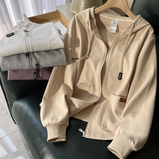 杏色早春卫衣外套女春秋款 2024新款 薄款 春款 秋冬 休闲连帽开衫 春季