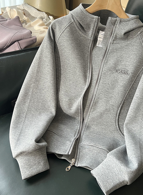 运动连帽外套女春秋小个子2025新款立领卫衣拉链开衫短款灰色上衣