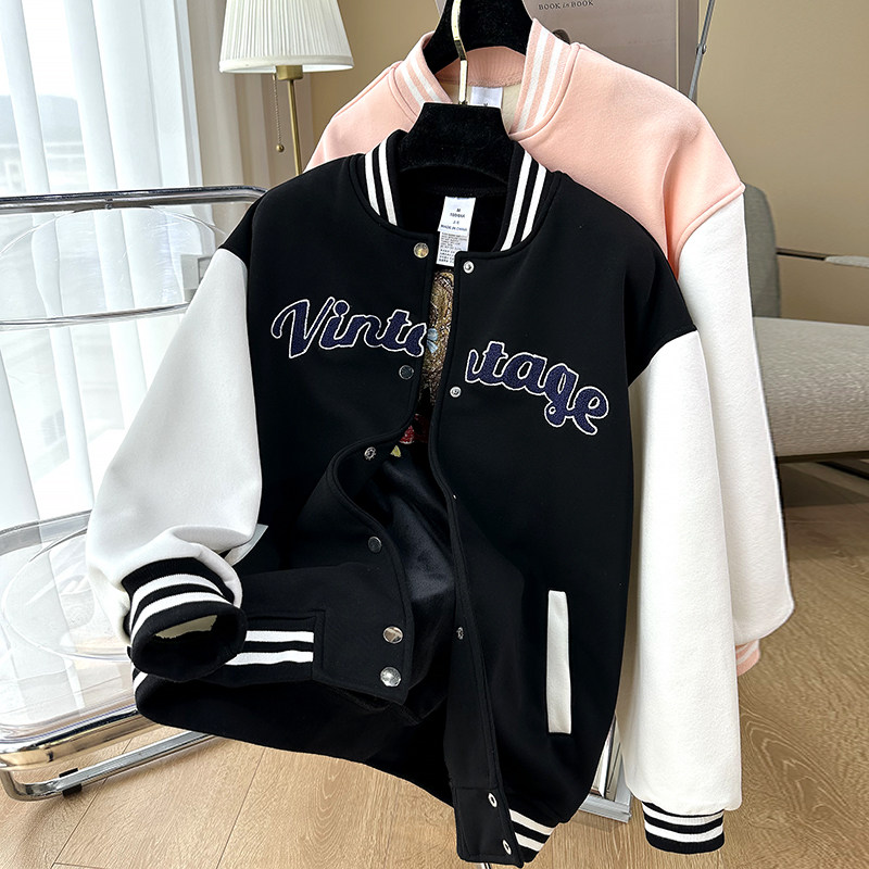 加绒加厚棒球服外套女秋冬新款学院风立领宽松卡通熊刺绣开衫卫衣