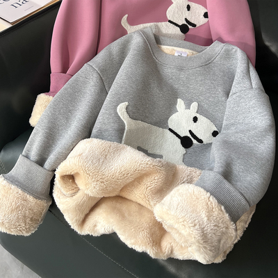 加绒加厚圆领卫衣女2025新款宽松休闲仿羊羔绒套头保暖上衣秋冬季