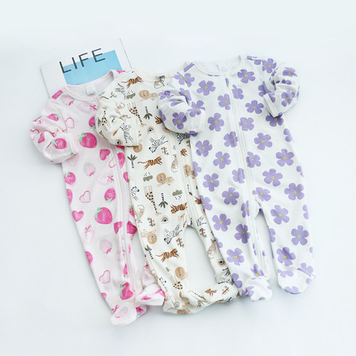 0-9个月长袖包脚爬服拉链爬衣婴幼儿连体衣哈衣爬装打底睡衣