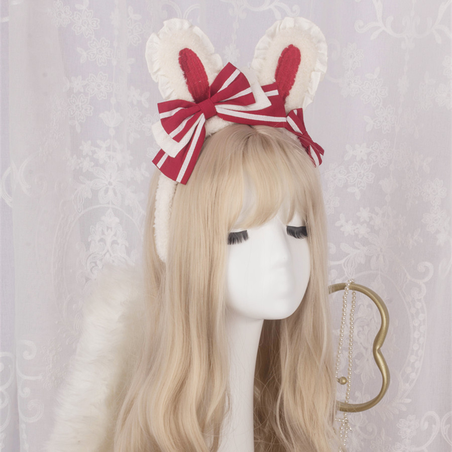 现货宅喵馆原创小兔姬kc兔耳发饰绣花毛绒少女蝴蝶结op头饰发箍
