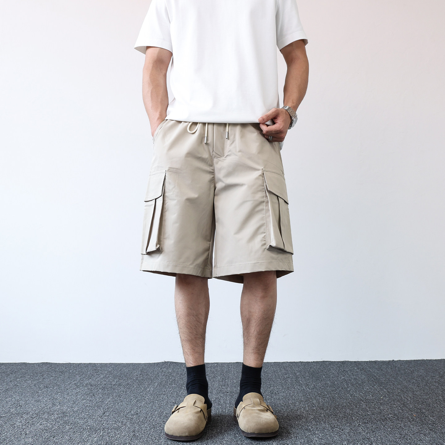 户外2026夏季薄款松紧腰系带休闲短裤男士宽松大口袋工装五分裤子