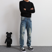 长裤 美式 子 直筒2026秋冬季 男士 潮牌泼墨印花破洞牛仔裤 男高街修身