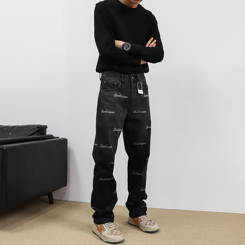 轻奢潮牌印花牛仔裤男款宽松直筒
