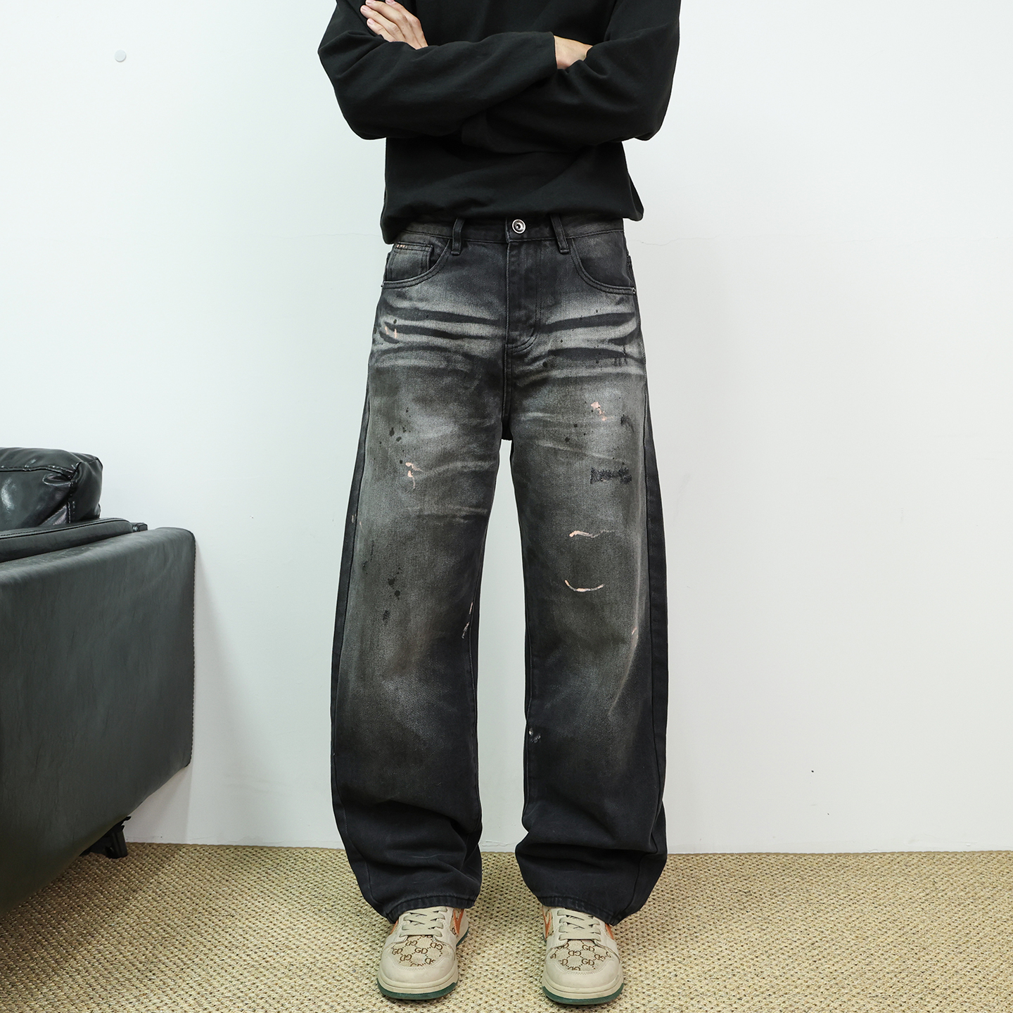 弯刀黑灰牛仔裤男秋季2025新款