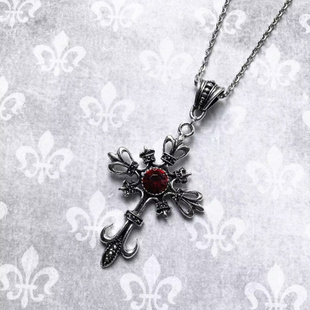 跨境热卖欧美复古红宝石十字架项链哥特式暗黑时尚吊坠项链