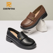 日泰极简乐福鞋 牛皮圆头粗跟休闲单鞋 女真皮透气春秋季 英伦小皮鞋