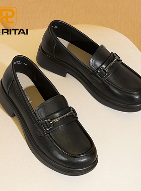 日泰秋季新品厚底乐福鞋女头层牛皮轻便休闲小皮鞋百搭粗跟女单鞋